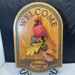 WOOD CARDINAL WELCOME SIGN JENNINGS DECOYS CO USA HAND‎ PAINTED SOLID OAK RESIN